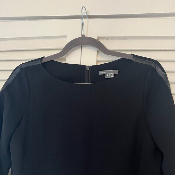 Vince women's long-sleeved dress sheath leather trim black 2 - Picture 5 of 12